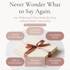 May include: A stack of cream-colored cards tied with a dusty rose ribbon. Text reads: Best Resource Co. Never Wonder What to Say Again. 200+ Professional Client Scripts for Every Awkward Salon Conversation. Created by a Working Stylist. Communicate with confidence.