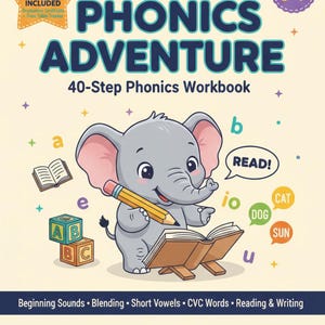 May include: A My Phonics Adventure 40-Step Phonics Workbook for ages 5-7. The cover features a cartoon elephant holding a pencil, an open book, alphabet blocks, and speech bubbles with the words READ, CAT, DOG, and SUN. Text includes Softnest4A.