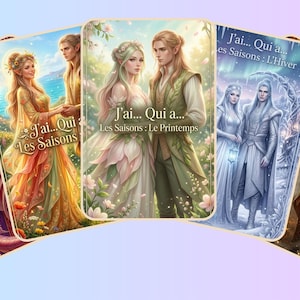 Peut inclure: Un ensemble de cinq cartes de jeu rectangulaires illustrant des duos de personnages fantastiques représentant les saisons. Les cartes affichent le texte J'ai... Qui a... Les Saisons, Le Printemps, L'Hiver et L'Automne en police dorée.