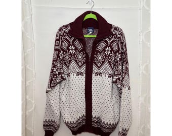 Vintage John Blair Mens Nordic Snowflake Full Zip Cardigan Sweater Burgundy Med