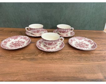 Juego de tazas y platillos Crown Ducal Bristol en rosa y rojo con estampado floral.
