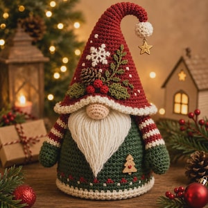 May include: A crochet gnome figurine featuring a tall red hat with a white snowflake, a pinecone, and red berries. The gnome has a long white yarn beard, a beige nose, and a dark green body with striped sleeves and a small wooden tree embellishment.