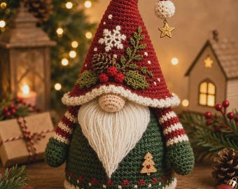 May include: A crochet gnome figurine featuring a tall red hat with a white snowflake, a pinecone, and red berries. The gnome has a long white yarn beard, a beige nose, and a dark green body with striped sleeves and a small wooden tree embellishment.