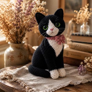 Puede incluir: Una figura de gato tejida a ganchillo en blanco y negro con grandes ojos verdes, nariz rosa y largos bigotes blancos. El gato tiene el pecho y las patas blancas, y lleva un pequeño lazo rosa texturizado alrededor del cuello. El cuerpo es de hilo.
