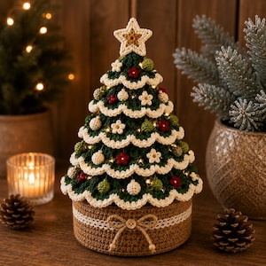 May include: A crocheted Christmas tree decoration in dark green with white scalloped edges, adorned with small crocheted flowers and spheres in red, white, and green. The tree sits on a tan cylindrical base with a twine bow and a wooden button.