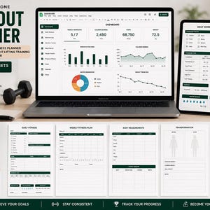 Op de afbeelding: Een digitale workoutplanner-sjabloon voor Google Sheets en printbare PDF, weergegeven op een laptop- en tabletscherm. De interface bevat donkergroene koppen, grafieken en tabellen voor het bijhouden van trainingen, voeding en gewicht.