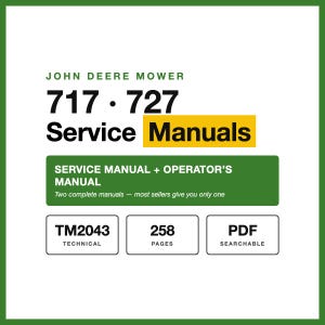 Puede incluir: Una portada de documento digital para los manuales de servicio de John Deere Mower 717 y 727. El texto dice John Deere Mower 717 727 Service Manuals, Service Manual + Operator's Manual, Two complete manuals, TM2043 Technical, 258 Pages, y PDF Searchable.