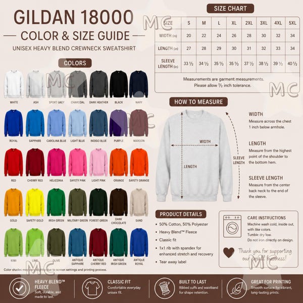 Gildan 18000 35 Size & Color Guide Mockup | Print on Demand Crewneck Mockups | Unisex Sweatshirt Mockup (digital download)