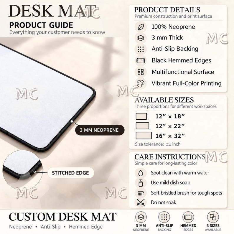 Desk Mat Product Info Card, , Custom Desk Mat Sizes Chart, Desk Mat ...