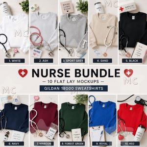 Peut inclure: Une collection de dix sweat-shirts à col rond Gildan 18000 en blanc, cendré, gris sport, sable, noir, marine, bordeaux, vert forêt, bleu royal et rouge. Chaque sweat-shirt est présenté avec des accessoires médicaux comme des stéthoscopes.