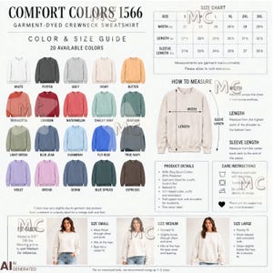 Comfort Colors 1566 20 Color and Size Chart Mockup | POD Crewneck Mockups | Unisex Sweatshirt Mockup (digital download), cc1566 fit guide