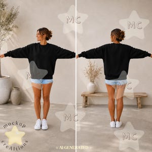 May include: A solid black long-sleeve crewneck sweatshirt paired with light blue denim shorts. The sweatshirt features a classic fit with ribbed cuffs and a ribbed hem, shown from both the front and back views on a neutral background.