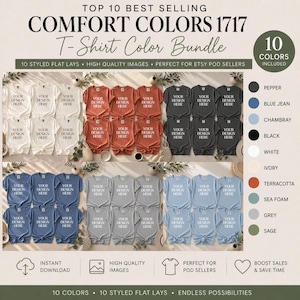 May include: A digital product display featuring ten Comfort Colors 1717 t-shirt color variations arranged in a grid. Each shirt displays the text 'YOUR DESIGN HERE'. A color legend on the right lists Pepper, Blue Jean, Chambray, Black, White, Ivory, Terracotta, Sea Foam, Grey, and Sage.