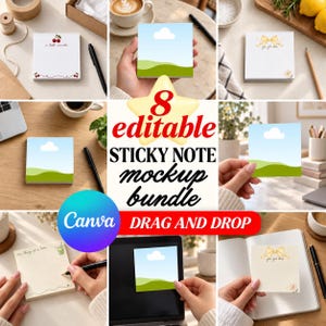 May include: A bundle of eight square sticky notes featuring various designs including a landscape with a blue sky and green hills, a cherry motif with the text a little reminder, and a yellow bow with the text you got this.