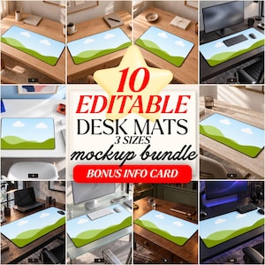 Peut inclure: Un ensemble de maquettes numériques comprenant 10 tapis de bureau modifiables en 3 tailles, illustrant un paysage de collines vertes sous un ciel bleu clair avec des nuages blancs. Inclut une carte d'information avec le texte 10 EDITABLE DESK MATS.