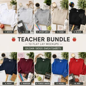 May include: A collection of ten Gildan 18000 crewneck sweatshirts in white, ash, sport grey, sand, black, navy, maroon, forest green, royal blue, and red. Each sweatshirt is displayed in a flat lay arrangement with various school supplies.