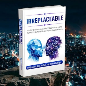 May include: A white book titled Irreplaceable with the subtitle Master the Irreplaceable Edge System and Turn AI Into Your Unfair Advantage at Work. The cover features two stylized human head silhouettes and the text 5 High-Impact Skills. 30 Days. One Unfair Advantage.