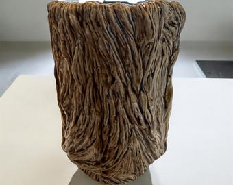 Vintage E.O. Brody sequoia keramische vaas met boomstam, bruine plantenbak met druppelglazuur N-249
