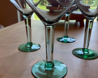 Set of 4 Vintage Luminarc France Green Stem Martini Glasses, Mid Century Retro Barware