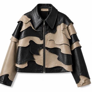 Chaqueta de cuero genuino negra y beige para mujer / Chaqueta de cuero patchwork hecha a mano, chaqueta motera de moda premium / Prenda de abrigo de lujo que marca la diferencia