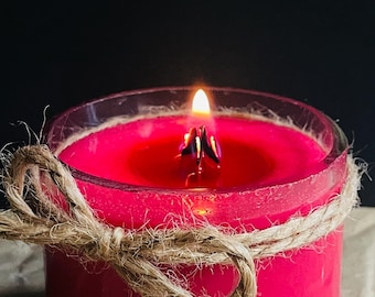Crimson Upcycled Glass Candle – Hand-Cut Beverage Bottle, Natural Soy Wax Wooden Wick