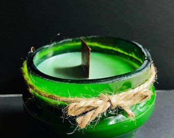 Green Tea Olive Candle – Hand Cut Upcycled Glass Candle, Scented Natural Wax Wooden Wick, Minimalist Sustainable Decor