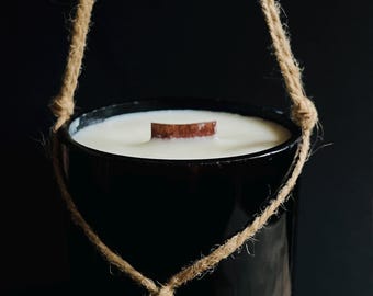 Black Glass Natural Artisan Aroma Candle | Soy Wax | Basil & Tomato Mediterranean Scent| Upcycled Bottle | Wooden Wick | 400g WAX | Handmade