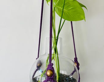 Aura in Deep Plum – Long Braided Cotton Plant Hanger, Minimalist Woven Pot Holder, Hand Painted Gold Bead Decor 54"