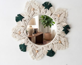 Stella Geometric Wall Mirror in Forest & Ivory – Sunburst Fiber Art Mirror, Modern Structured Round Mirror, Handcrafted Textile Art