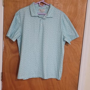 Bugatchi Palm Tree Print Stretch Polo Shirt Light Blue XL Short Sleeve