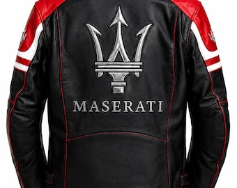 Maserati Inspired Black Red Racing Leather Jacket Men – Handmade Biker Cafe Racer Style