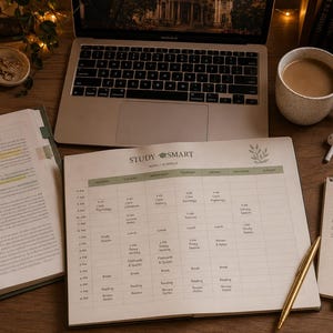 Peut inclure: Un agenda hebdomadaire Study Smart avec une grille pour planifier les tâches, posé sur un bureau avec un livre ouvert, un ordinateur portable, une tasse de café, un bloc-notes, des notes adhésives, un stylo doré et des écouteurs sans fil.