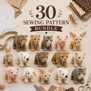 May include: A 30 sewing pattern bundle featuring various felt animal figures including leopards, a tabby cat, a pig, a fennec fox, a rabbit, and a polar bear. The image includes sewing pattern paper, fabric swatches, a measuring tape, and scissors.