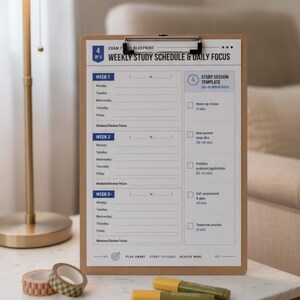 Puede incluir: Un portapapeles marrón con una hoja blanca titulada Weekly Study Schedule & Daily Focus con secciones para tres semanas, una plantilla de estudio y casillas de verificación. Dos marcadores verdes y dos rollos de cinta washi estampada.