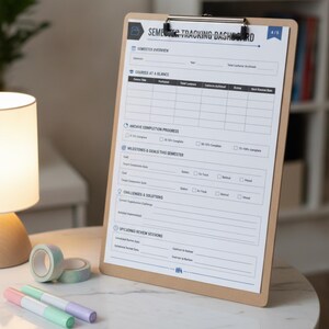 May include: A brown clipboard holding a white paper titled Semester Tracking Dashboard with sections for course overview, archive progress, milestones, goals, challenges, and review sessions, accompanied by two rolls of tape and two markers.