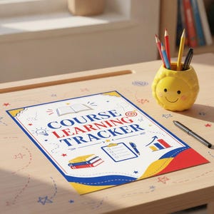 May include: A white paper sheet titled COURSE LEARNING TRACKER with colorful illustrations of books, a clipboard, a target, and a bar graph. Beside it sits a yellow smiley face pencil holder containing colored pencils and a black pen.