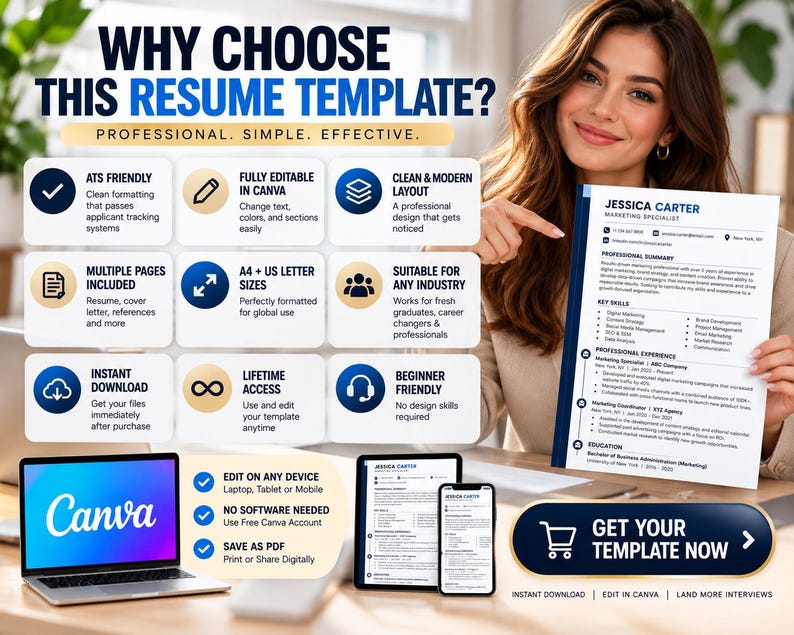 Ats-friendly Canva Resume Template 2026 | Professional Job Application ...