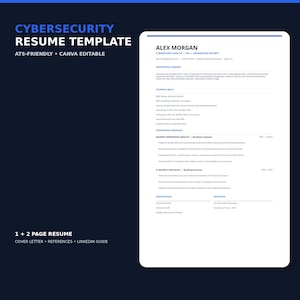 May include: A white digital resume template for a cybersecurity analyst on a dark blue background. The document features sections for professional summary, technical skills, experience, certifications, and education with blue text headers.