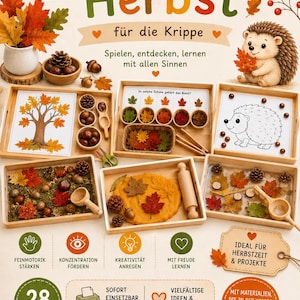 May include: A collection of 20 autumn-themed activity trays for toddlers, featuring wooden trays with fall leaves, acorns, pinecones, and hedgehog illustrations. The set includes printable educational materials for sensory play, fine motor skill development, and creative learning projects.
