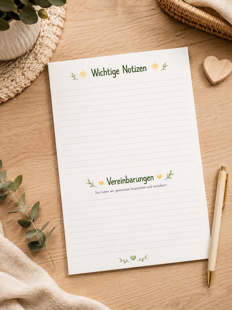 May include: A white notepad with horizontal lines featuring the green text Wichtige Notizen at the top, decorated with yellow sun icons. The middle section displays the text Vereinbarungen and Das haben wir gemeinsam besprochen und vereinbart.