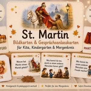 May include: A set of St. Martin educational cards featuring watercolour illustrations of the saint, a horse, a lantern, and a cloak. The cards include text in German, depicting scenes of sharing and kindness, designed for classroom or group learning activities.
