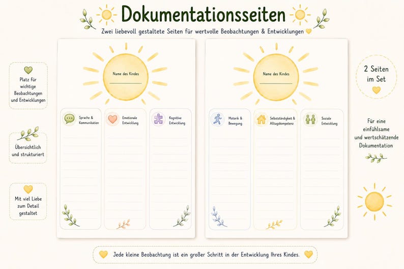 May include: Two printable documentation pages titled Dokumantationsseiten with a yellow sun graphic at the top. Each page features sections for child development tracking, including language, emotion, cognition, motor skills, and social development.