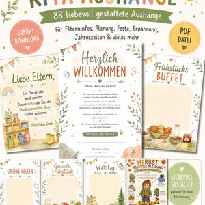 May include: A collection of 88 printable nursery notice templates featuring colourful illustrations and German text. The set includes signs for welcome messages, breakfast menus, rules, and seasonal clothing guides, all decorated with soft pastel motifs.