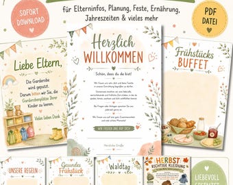May include: A collection of 88 printable nursery notice templates featuring colourful illustrations and German text. The set includes signs for welcome messages, breakfast menus, rules, and seasonal clothing guides, all decorated with soft pastel motifs.