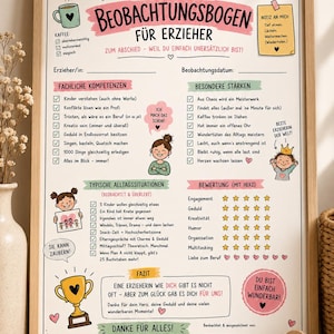 Könnte beinhalten: Ein gerahmter Beobachtungsbogen für Erzieher mit der Überschrift BEOBACHTUNGSBOGEN FÜR ERZIEHER. Das Dokument enthält Checklisten für fachliche Kompetenzen, besondere Stärken und Alltagssituationen, verziert mit bunten Illustrationen von einem Pokal, Herzen und Comicfiguren.