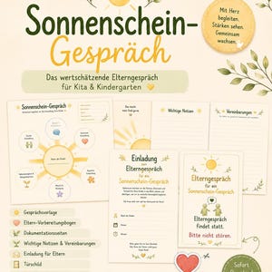 Puede incluir: Un conjunto digital imprimible titulado Sonnenschein-Gespräch para reuniones de padres y maestros en guarderías y jardines de infancia. Incluye un formulario de evaluación con forma de sol, invitaciones, notas, acuerdos y un letrero de puerta con ilustraciones botánicas en amarillo y verde.