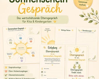 May include: A digital printable set titled Sonnenschein-Gespräch for daycare and kindergarten parent-teacher meetings. Includes a sun-themed evaluation form, meeting invitations, note pages, agreement sheets, and a door sign, all featuring soft yellow and green botanical illustrations.