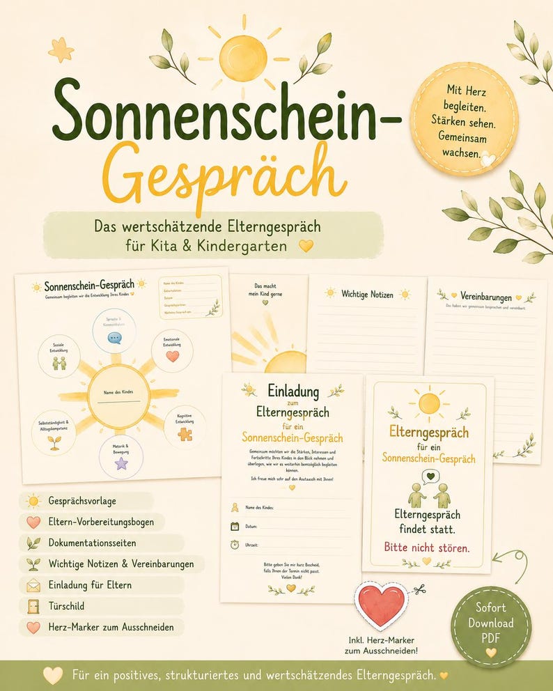 May include: A digital printable set titled Sonnenschein-Gespr&auml;ch for nursery and kindergarten parent-teacher meetings. Includes a sun-themed evaluation form, meeting invitations, note pages, agreement sheets, and a door sign, all featuring soft yellow and green botanical illustrations.
