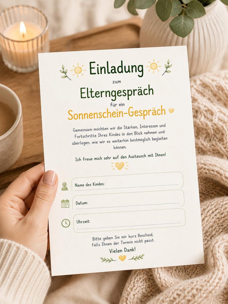 May include: A white invitation card with green and yellow text reading Einladung zum Elterngespr&auml;ch f&uuml;r ein Sonnenschein-Gespr&auml;ch, featuring sun and leaf illustrations, with blank lines for Name des Kindes, Datum, and Uhrzeit, and a closing note.