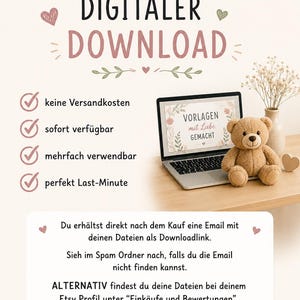 May include: A digital download advertisement featuring a laptop displaying the text VORLAGEN mit Liebe GEMACHT, a brown teddy bear, and a list of benefits including no shipping costs, instant availability, reusability, and last-minute convenience.